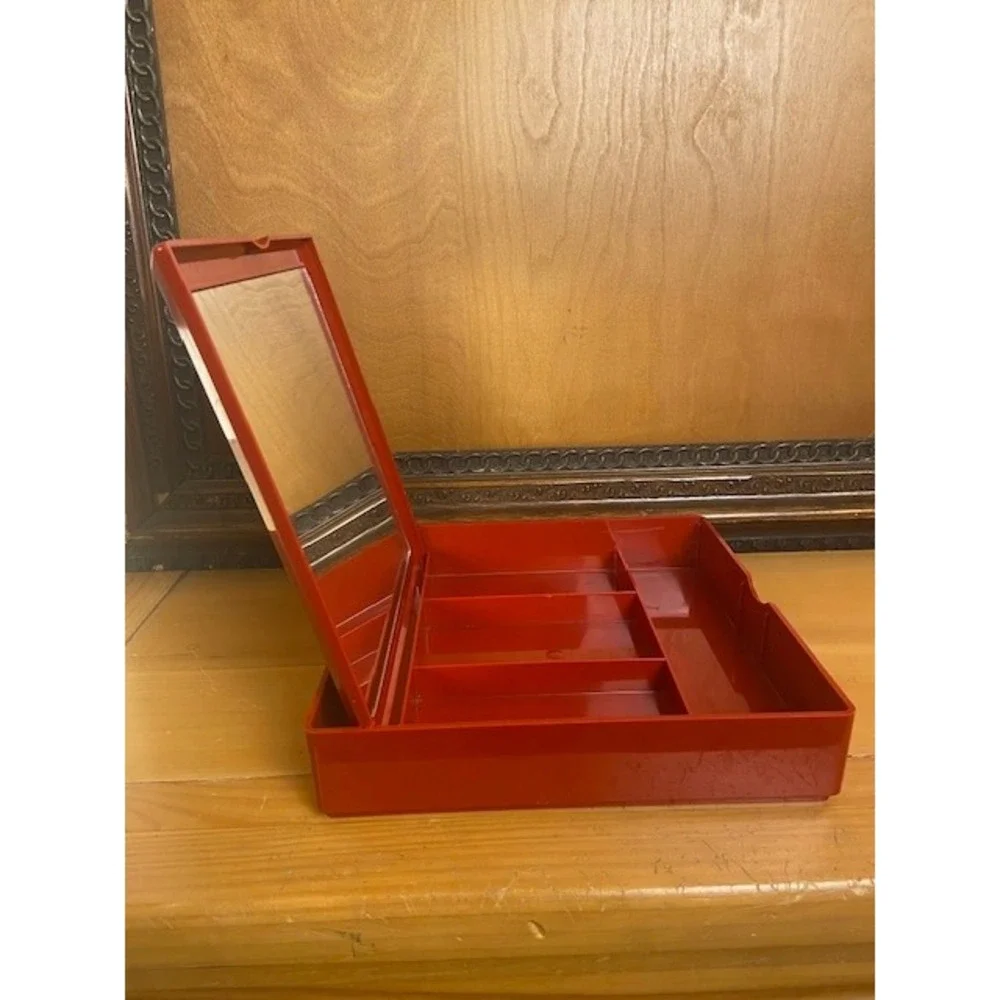 Estee Lauder Vintage Red Makeup Vanity Organizer Case w/ Mirror Storage Box 10